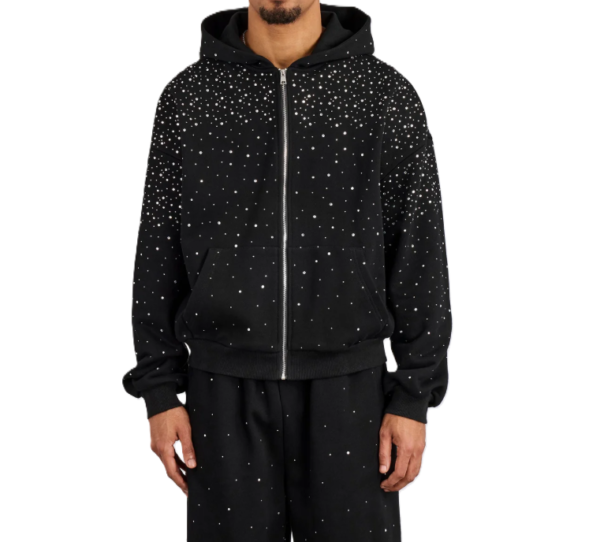 Men's Black Rhinestone Studded Zip-Up Hoodie Oversized Streetwear Sparkly