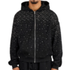 Men's Black Rhinestone Studded Zip-Up Hoodie Oversized Streetwear Sparkly
