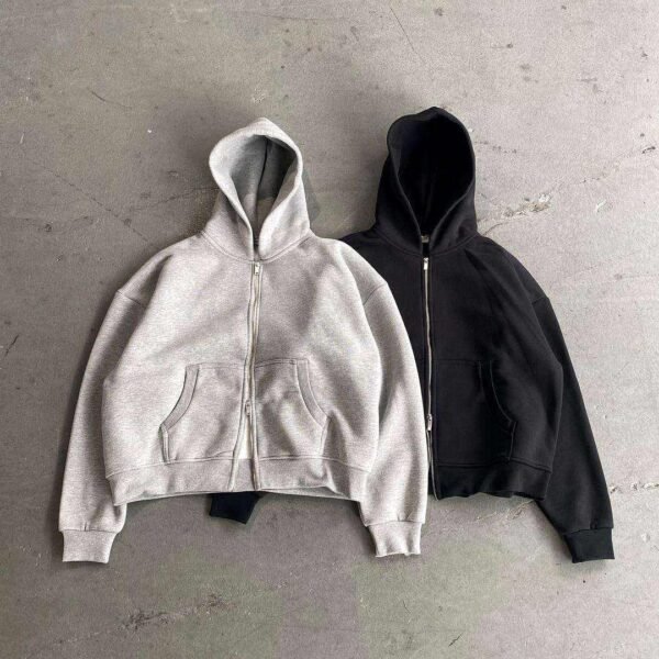 Wholesale Winter Customized Men's Double Zip up Oversized Cotton Hoodie 500 Gsm French Terry Boxy Cropped Hoodie
