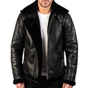 jacket for men Sheepskin Premium Shearling Leather Jacket with Black Fur for Men Real Sheep hide Buckled Collar Stylish Design