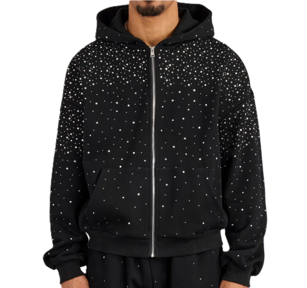 Men's Black Rhinestone Studded Zip-Up Hoodie Oversized Streetwear Sparkly