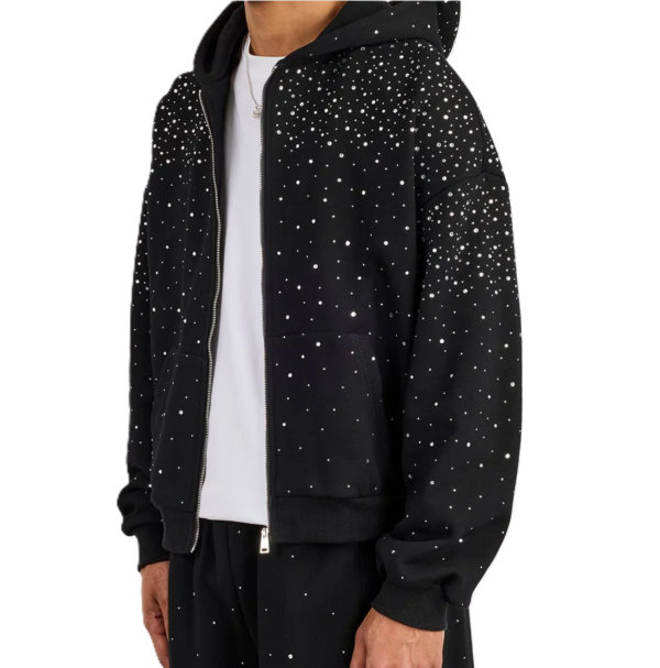 Men's Black Rhinestone Studded Zip-Up Hoodie Oversized Streetwear Sparkly
