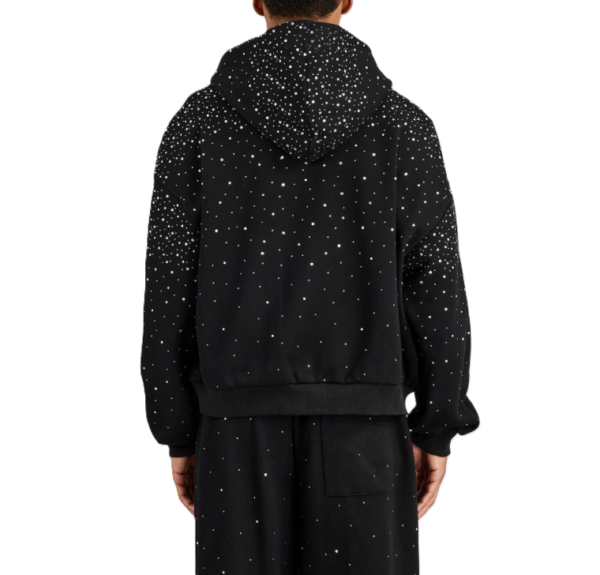 Men's Black Rhinestone Studded Zip-Up Hoodie Oversized Streetwear Sparkly