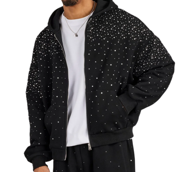 Men's Black Rhinestone Studded Zip-Up Hoodie Oversized Streetwear Sparkly