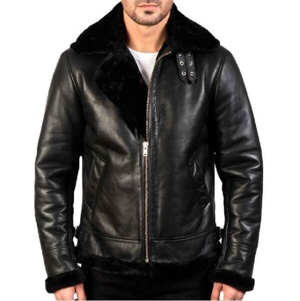 jacket for men Sheepskin Premium Shearling Leather Jacket with Black Fur for Men Real Sheep hide Buckled Collar Stylish Design
