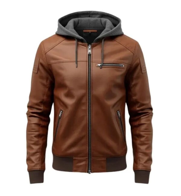 hooded brown j1 Wholesale Men's Brown Hooded Leather Biker Jacket