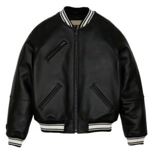 Men's Black Leather Varsity Bomber Jacket