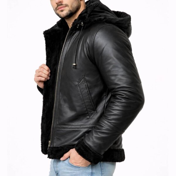 hooded2 Custom Men's Black Hooded Leather Jacket