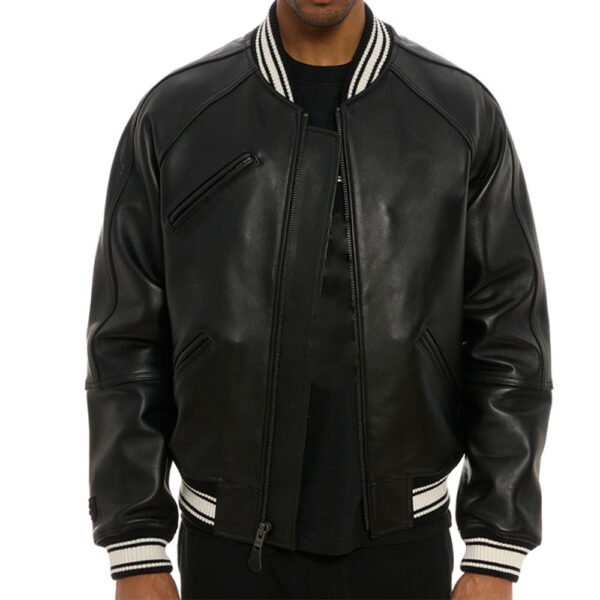 Men's Black Leather Varsity Bomber Jacket