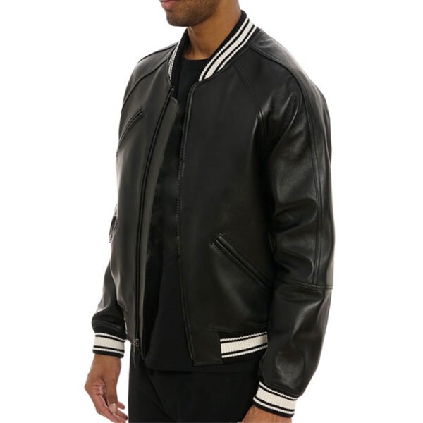Men's Black Leather Varsity Bomber Jacket