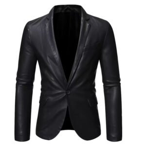 Wholesale Men's Slim-Fit Black Leather Blazer Jacket