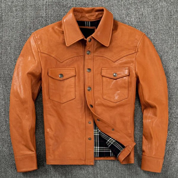 leather s1 Men's Vintage Cognac Cowhide Leather Western Shirt Jacket