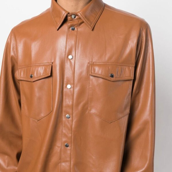 leather shirt c3 Wholesale Men's Casual Winter Leather Shirt Jacket with Dual Chest Pockets
