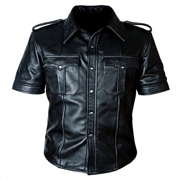 leather shirt1 Men's Short Sleeve Leather Button-Up Shirt