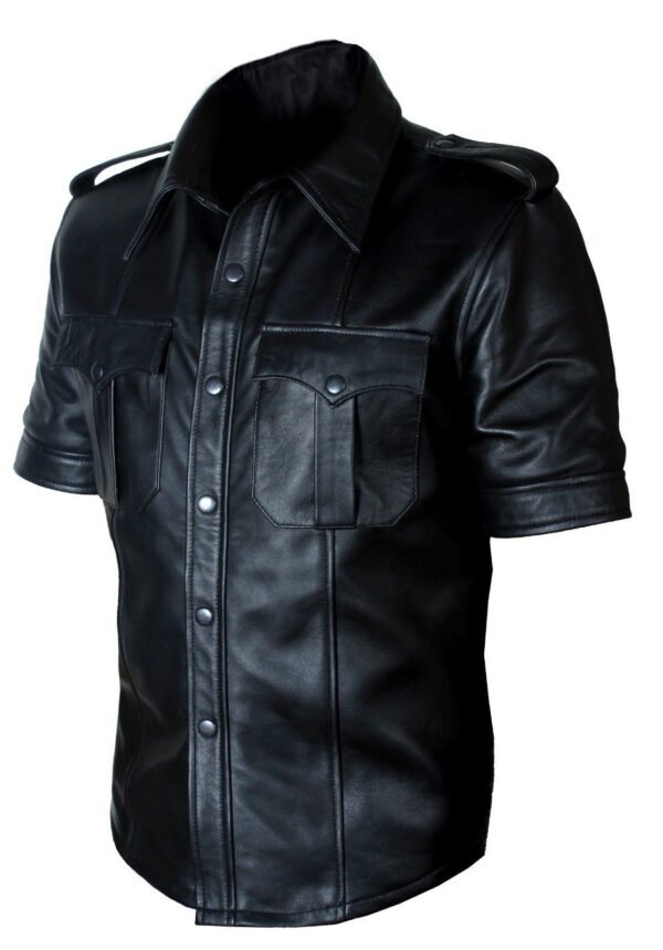 leather shirt3 Men's Short Sleeve Leather Button-Up Shirt