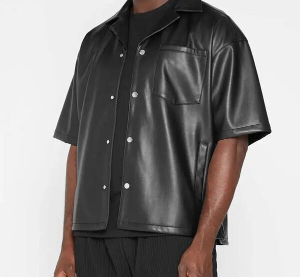 leather tshirt s3 Wholesale Men's Short Sleeve Leather Shirt