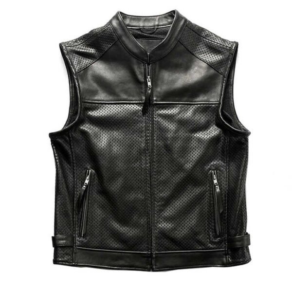 leather vest2 Men's Perforated Genuine Cowhide Leather Biker Vest