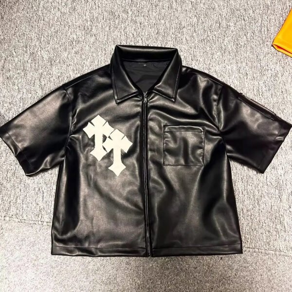 leathershirt1 Custom Men's Oversized PU Leather Short Sleeve Shirt