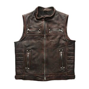 Men's Vintage Genuine Cowhide Leather Biker Vest Jacket
