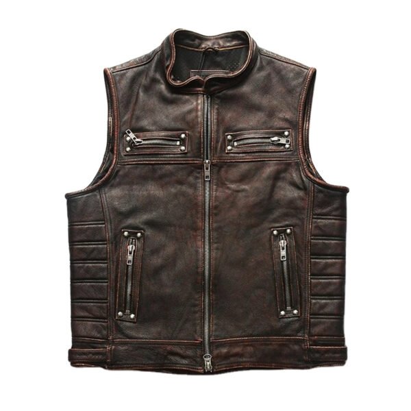 vest3 Men's Vintage Genuine Cowhide Leather Biker Vest Jacket